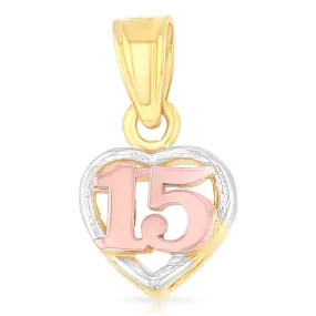 14K Gold 15 Years Birthday Quinceanera Heart Charm Pendant