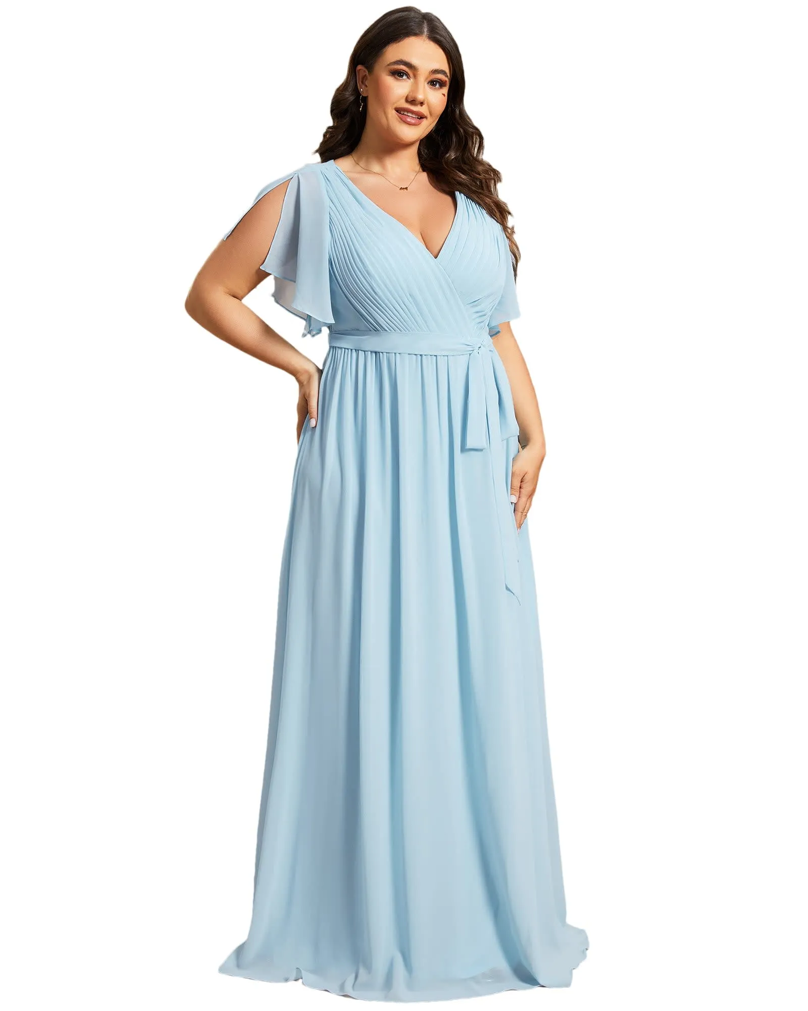A-Line Pleated Chiffon Tie-Waist Evening Dress | Sky Blue