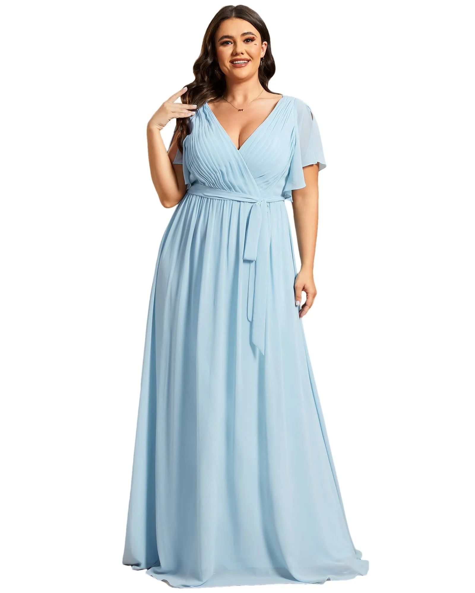 A-Line Pleated Chiffon Tie-Waist Evening Dress | Sky Blue