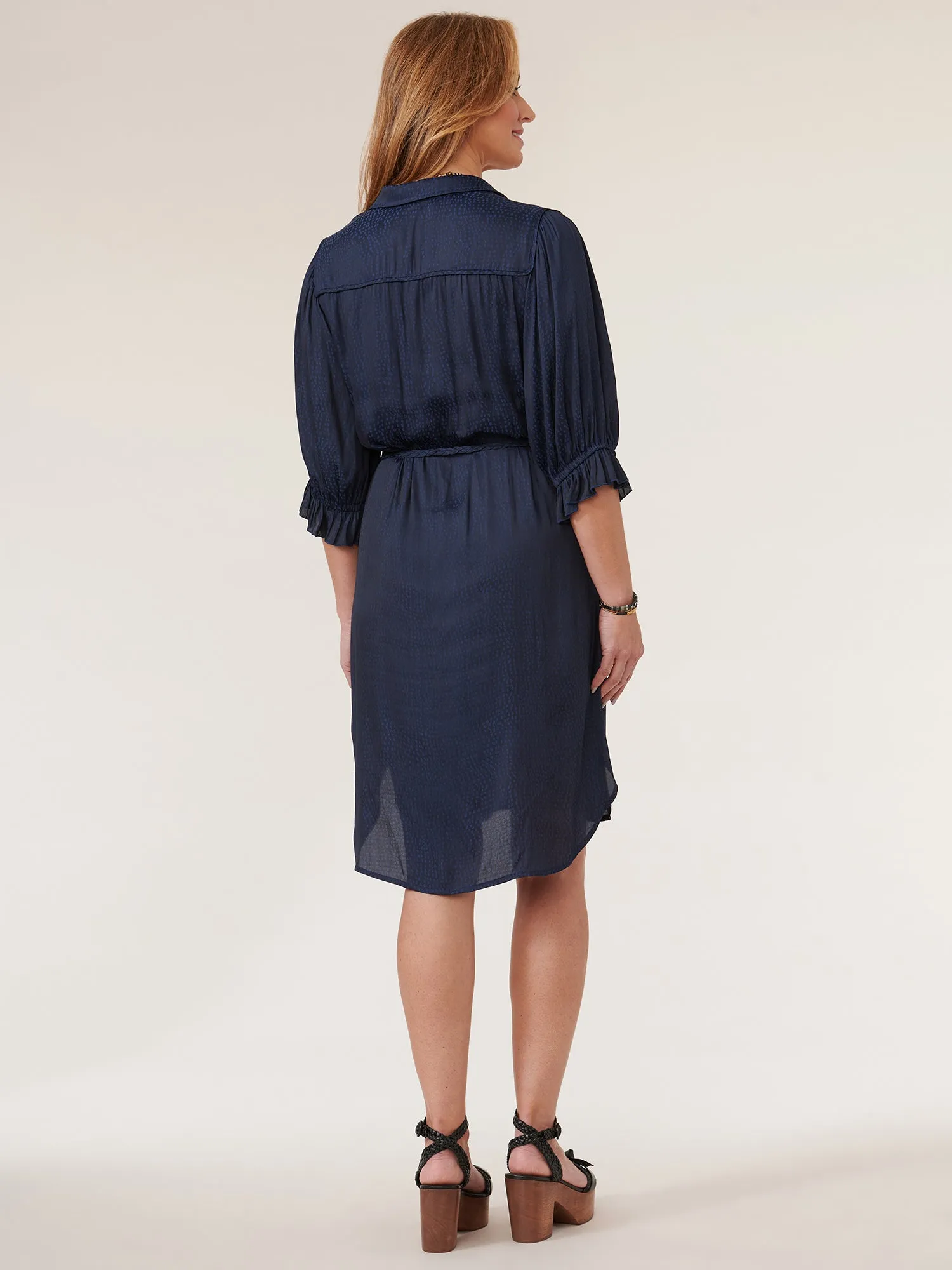 Below Elbow Bonnet Sleeve Button Down Woven Dress