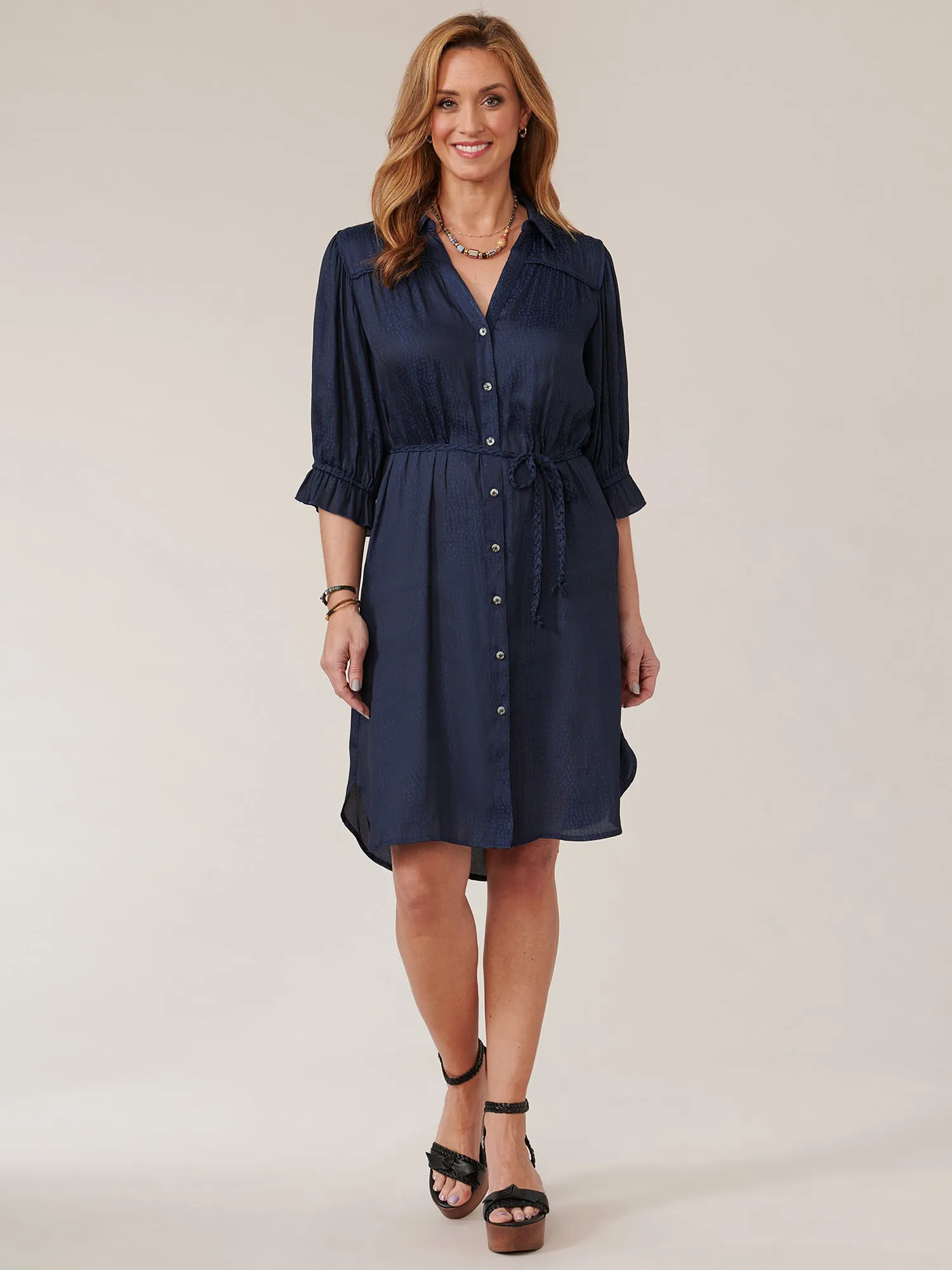 Below Elbow Bonnet Sleeve Button Down Woven Dress