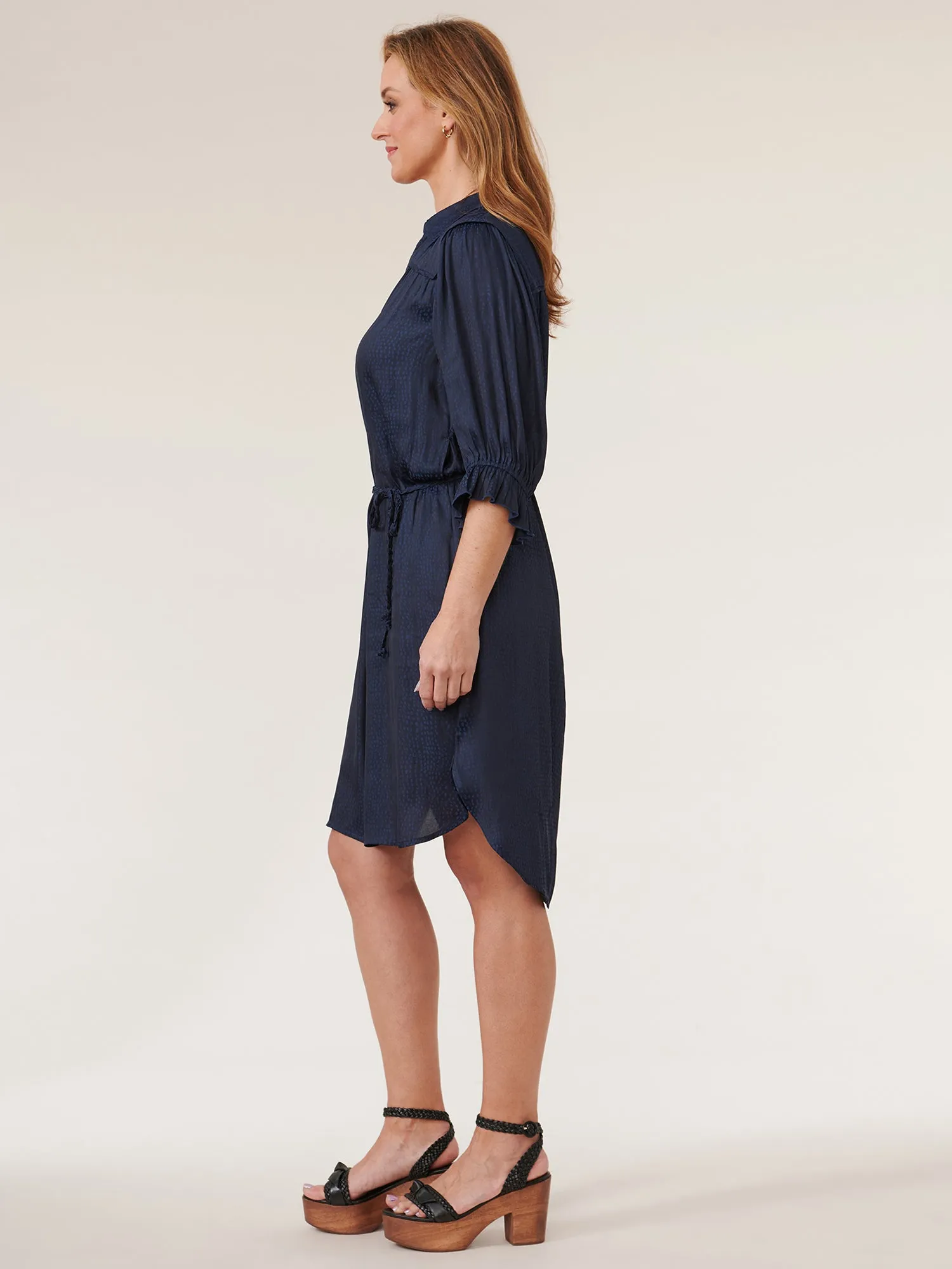 Below Elbow Bonnet Sleeve Button Down Woven Dress