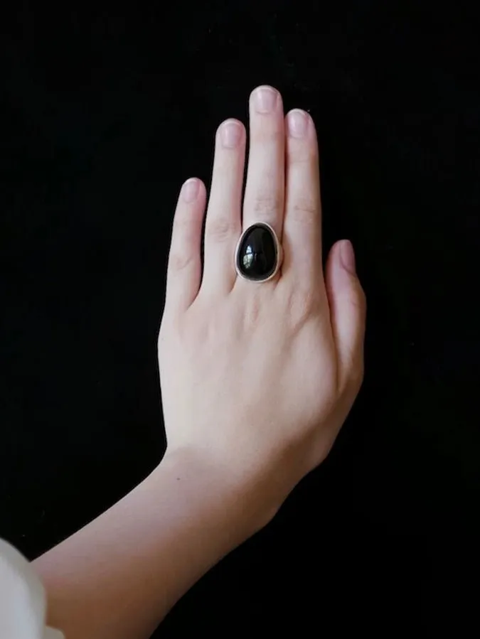 Black Onyx White Chalcedony Oval Egg Sterling Silver Ring