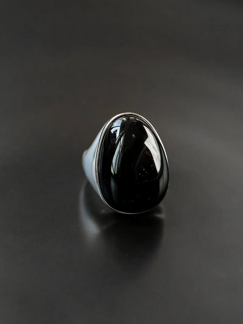 Black Onyx White Chalcedony Oval Egg Sterling Silver Ring