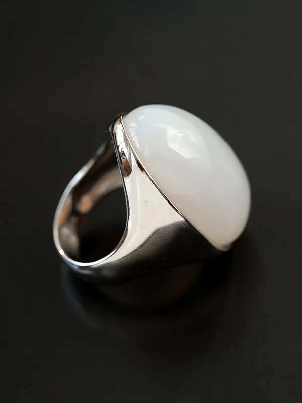 Black Onyx White Chalcedony Oval Egg Sterling Silver Ring