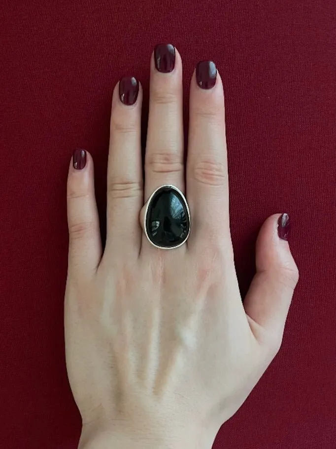 Black Onyx White Chalcedony Oval Egg Sterling Silver Ring