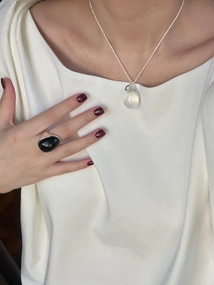 Black Onyx White Chalcedony Oval Egg Sterling Silver Ring