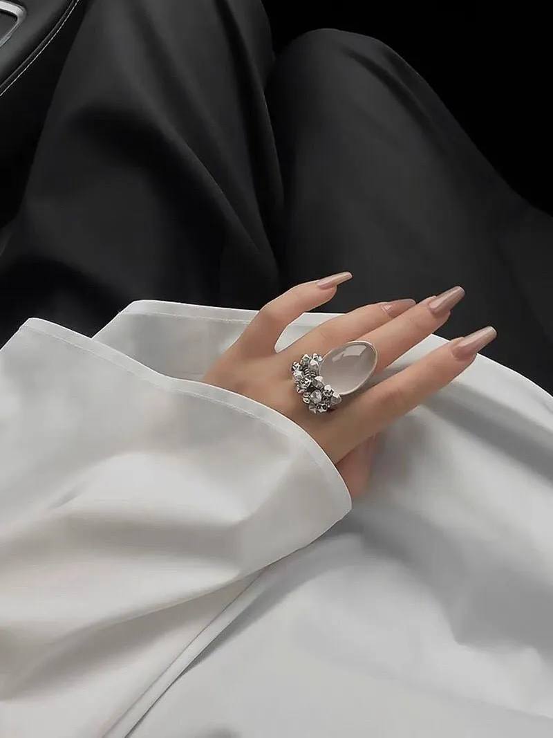Black Onyx White Chalcedony Oval Egg Sterling Silver Ring