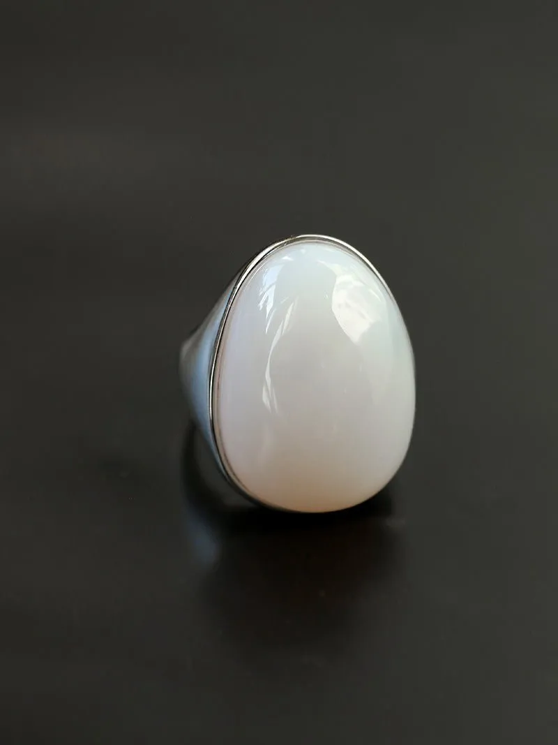 Black Onyx White Chalcedony Oval Egg Sterling Silver Ring