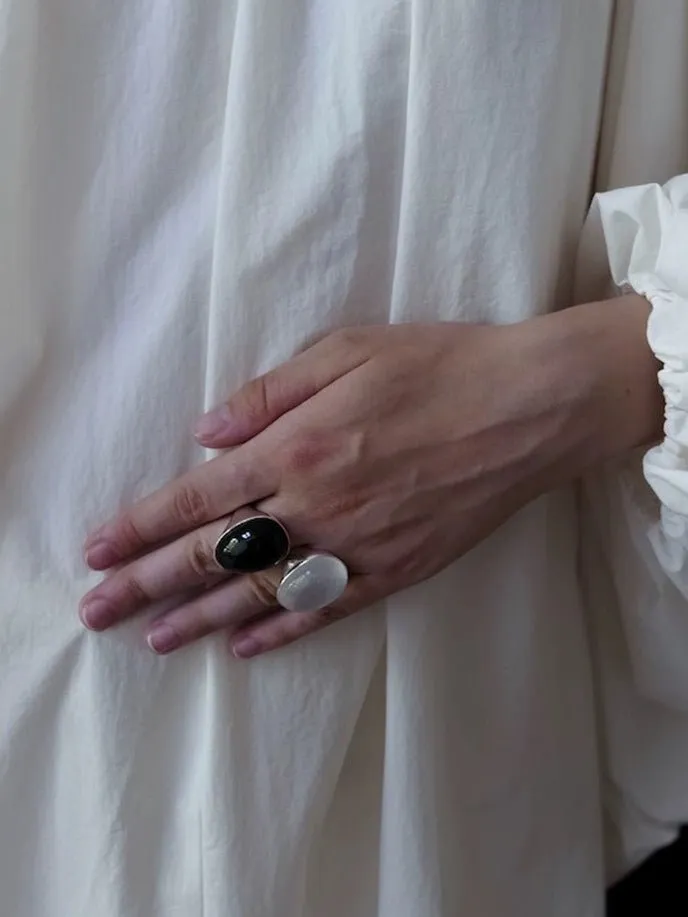 Black Onyx White Chalcedony Oval Egg Sterling Silver Ring