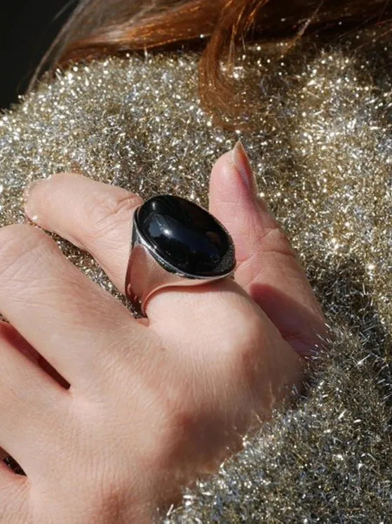 Black Onyx White Chalcedony Oval Egg Sterling Silver Ring