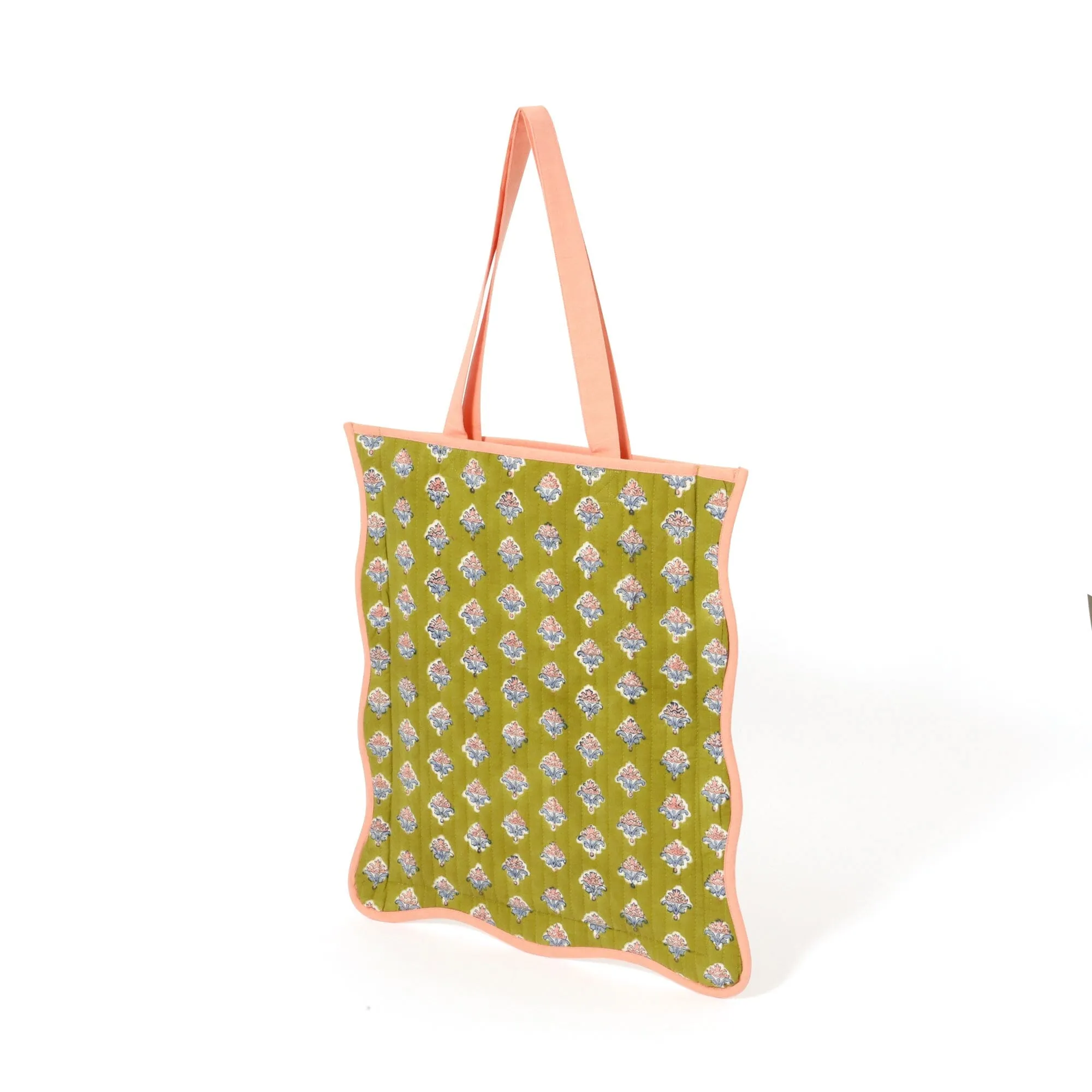 Block Print Tote Bag Flower Green