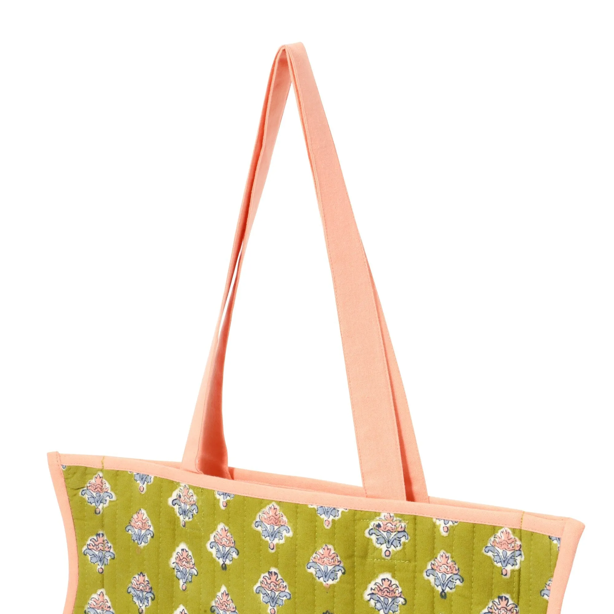 Block Print Tote Bag Flower Green