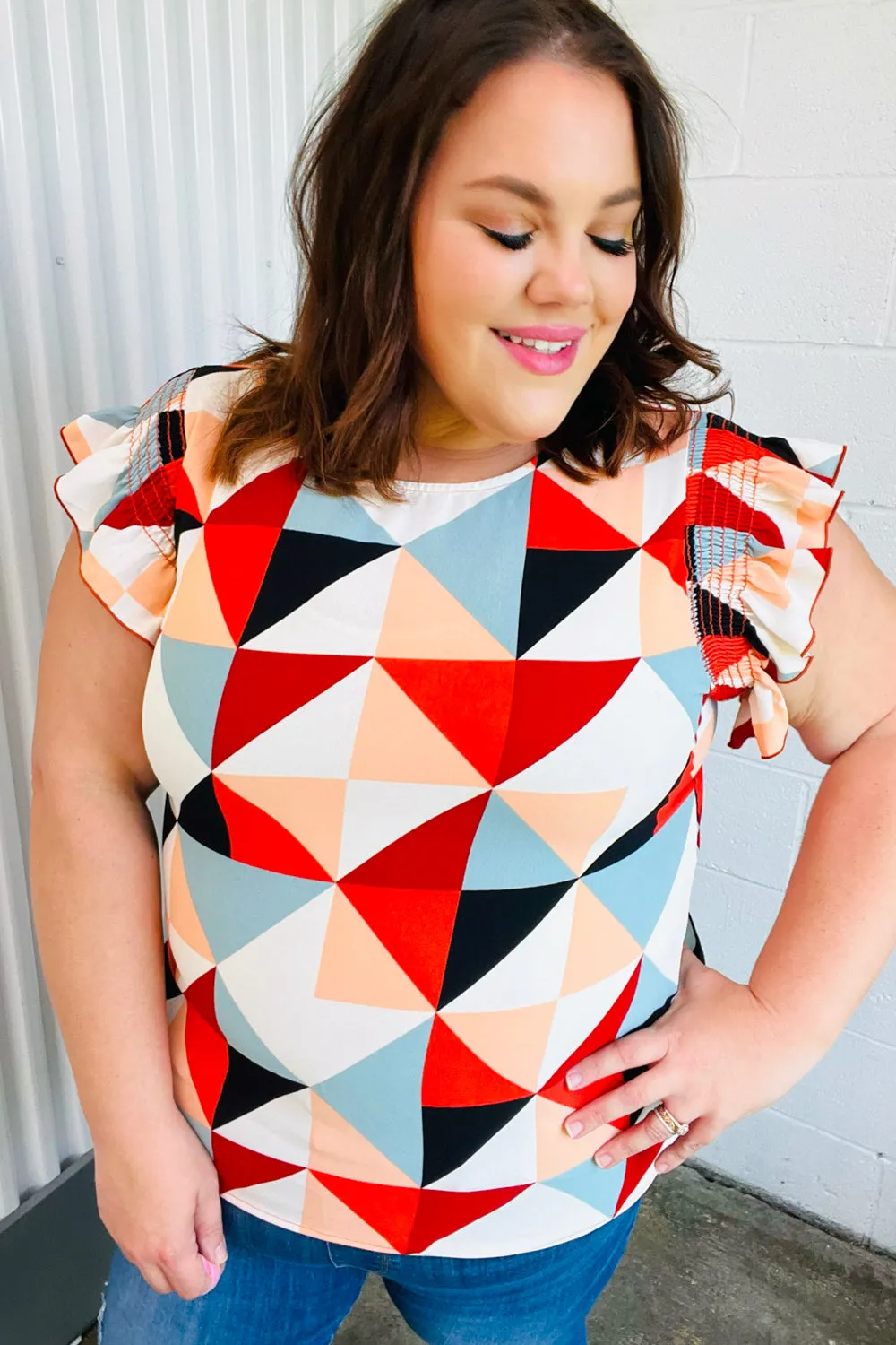 Burnt Orange Geo Print Smocked Ruffle Frill Sleeve Top (Open Pack)