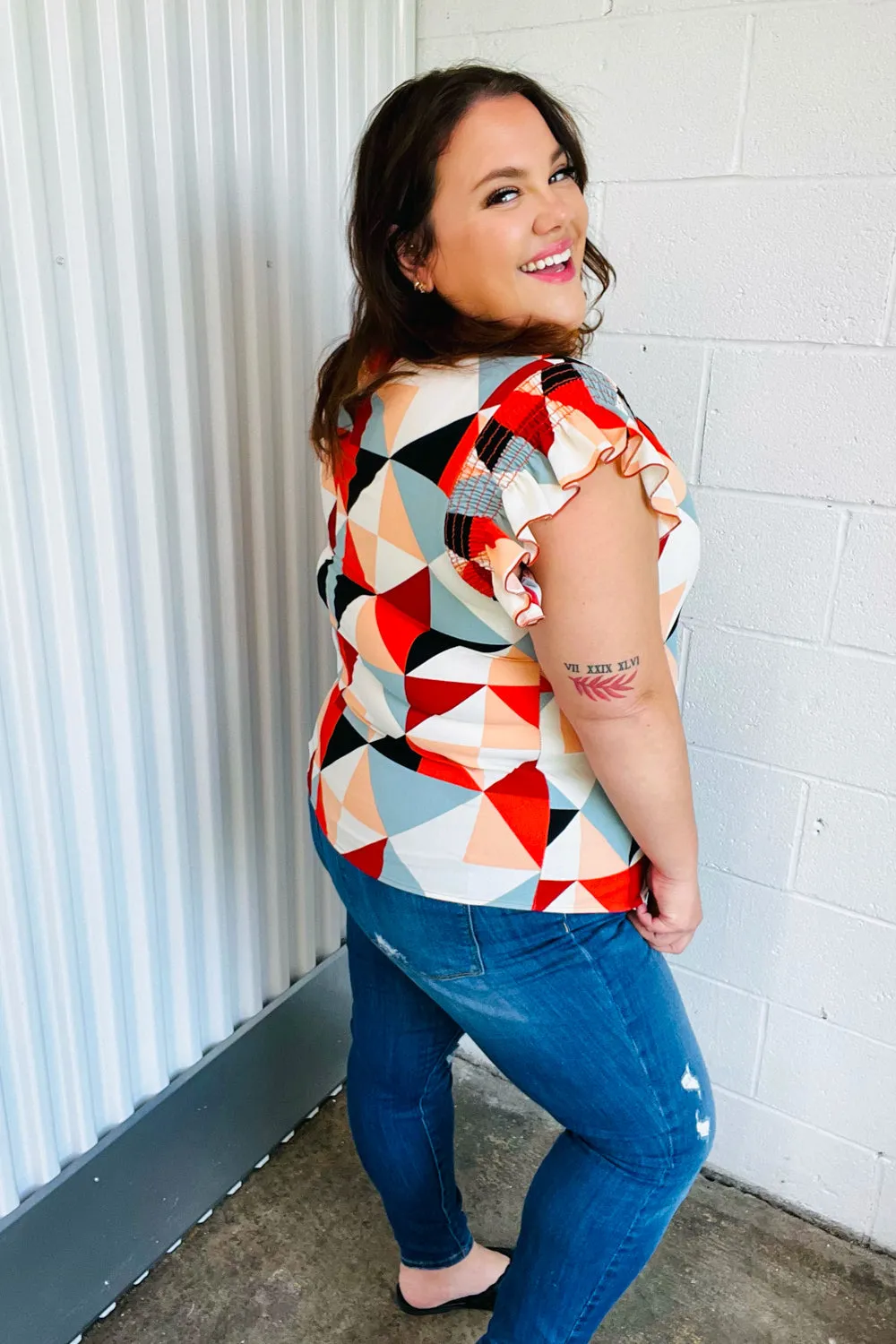 Burnt Orange Geo Print Smocked Ruffle Frill Sleeve Top (Open Pack)