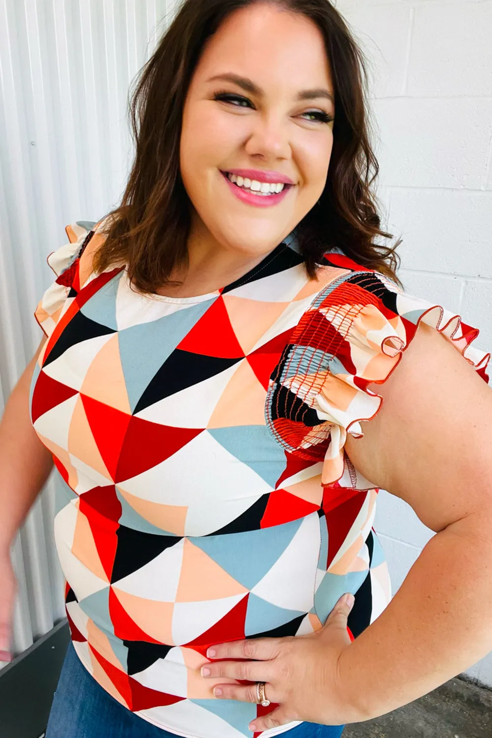 Burnt Orange Geo Print Smocked Ruffle Frill Sleeve Top (Open Pack)