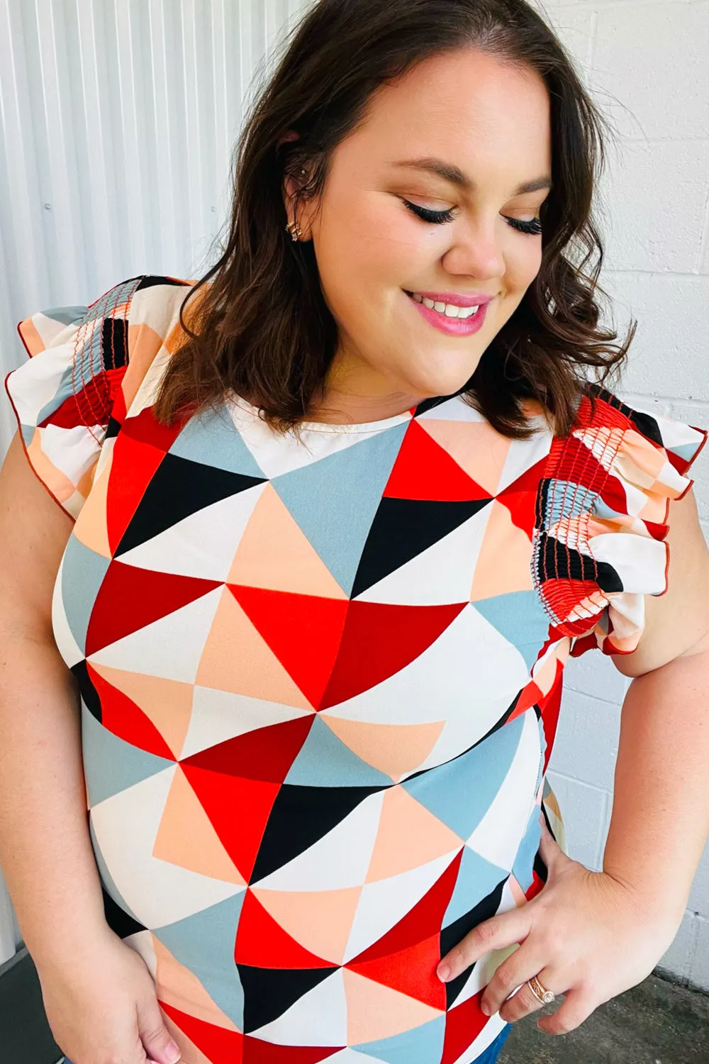 Burnt Orange Geo Print Smocked Ruffle Frill Sleeve Top (Open Pack)