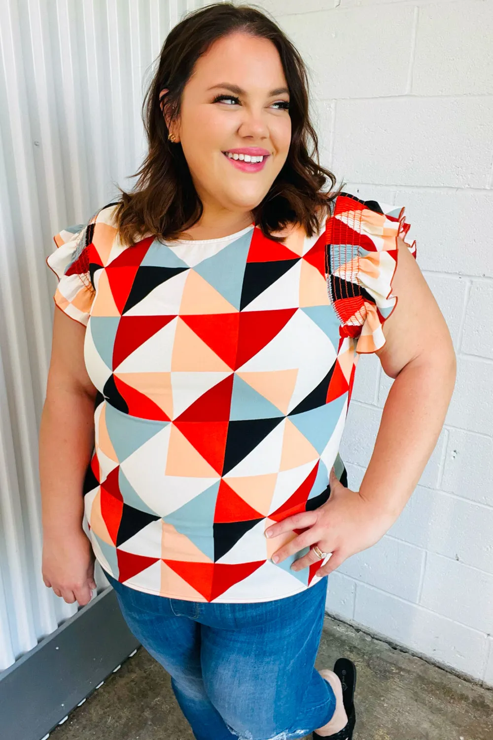 Burnt Orange Geo Print Smocked Ruffle Frill Sleeve Top (Open Pack)