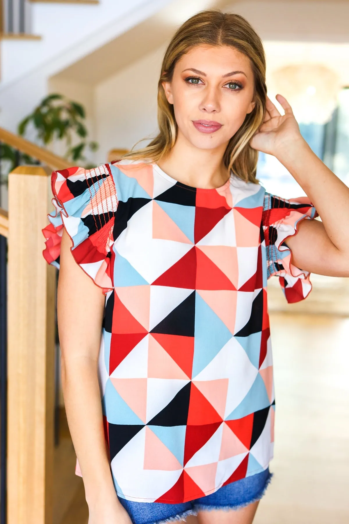 Burnt Orange Geo Print Smocked Ruffle Frill Sleeve Top (Open Pack)