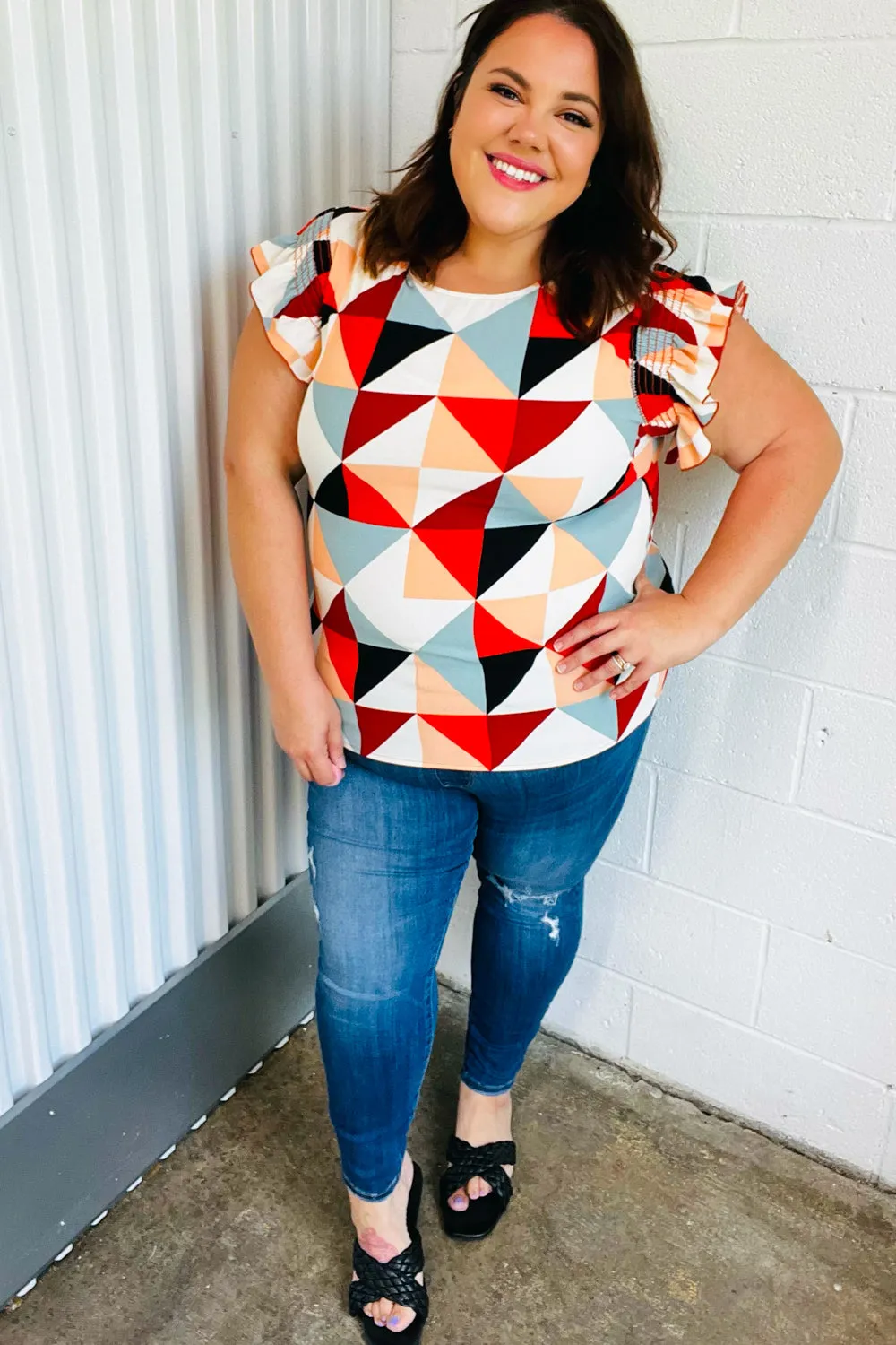 Burnt Orange Geo Print Smocked Ruffle Frill Sleeve Top (Open Pack)