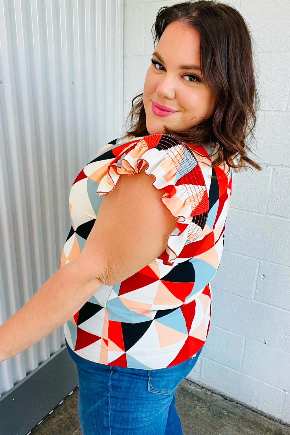 Burnt Orange Geo Print Smocked Ruffle Frill Sleeve Top (Open Pack)