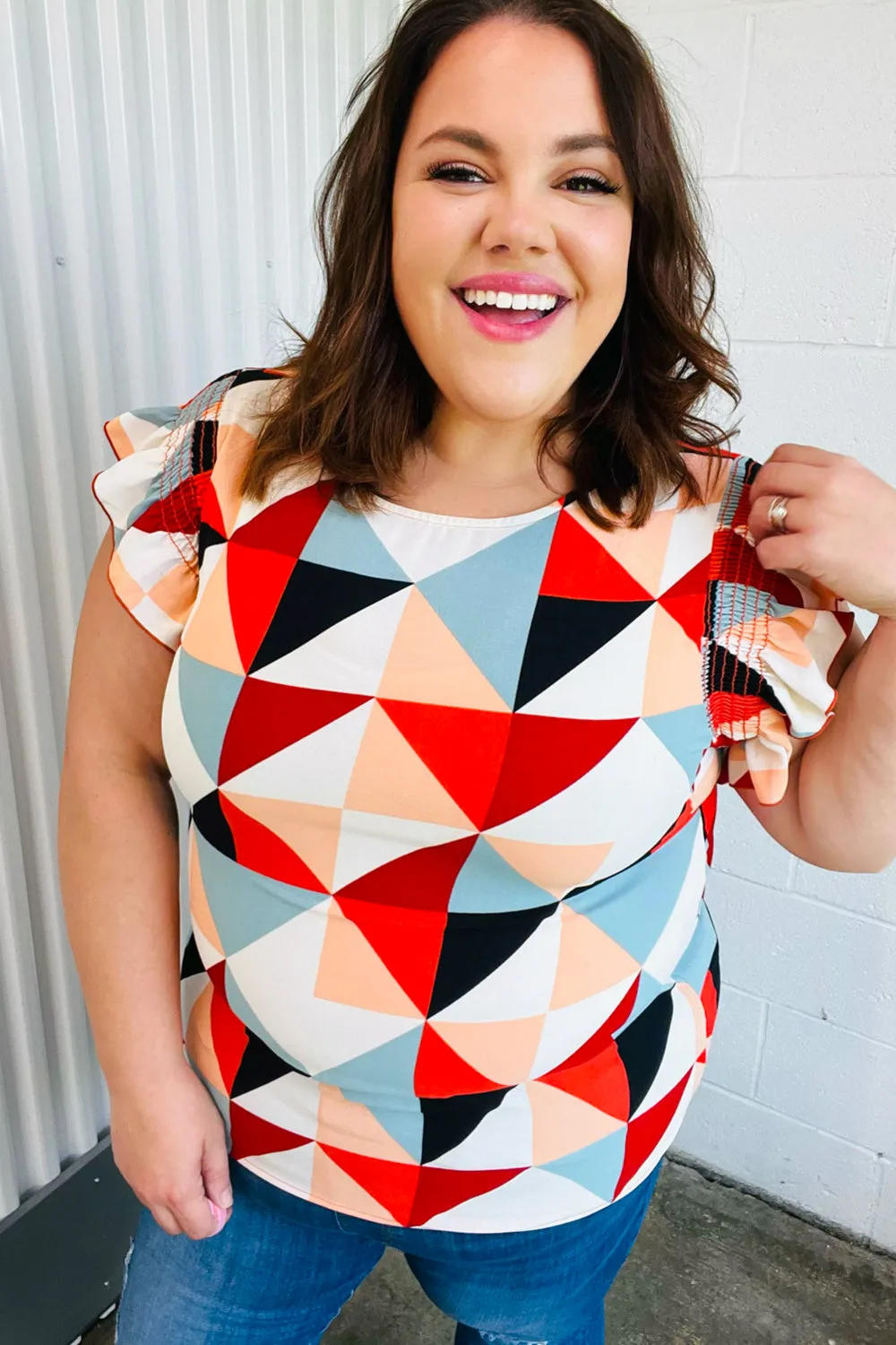 Burnt Orange Geo Print Smocked Ruffle Frill Sleeve Top (Open Pack)
