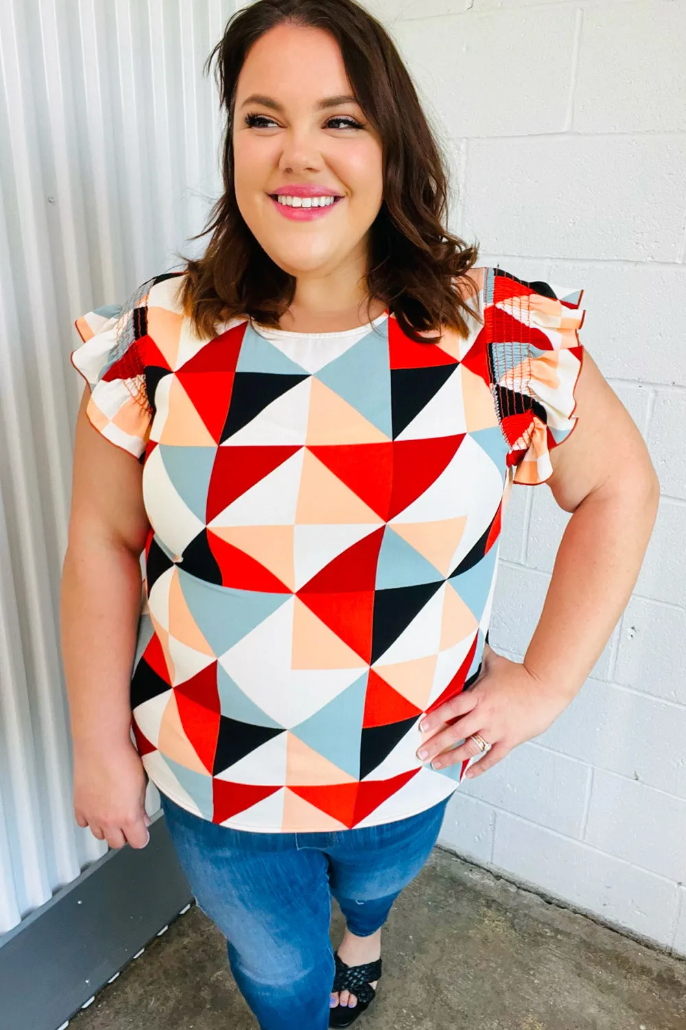 Burnt Orange Geo Print Smocked Ruffle Frill Sleeve Top (Open Pack)