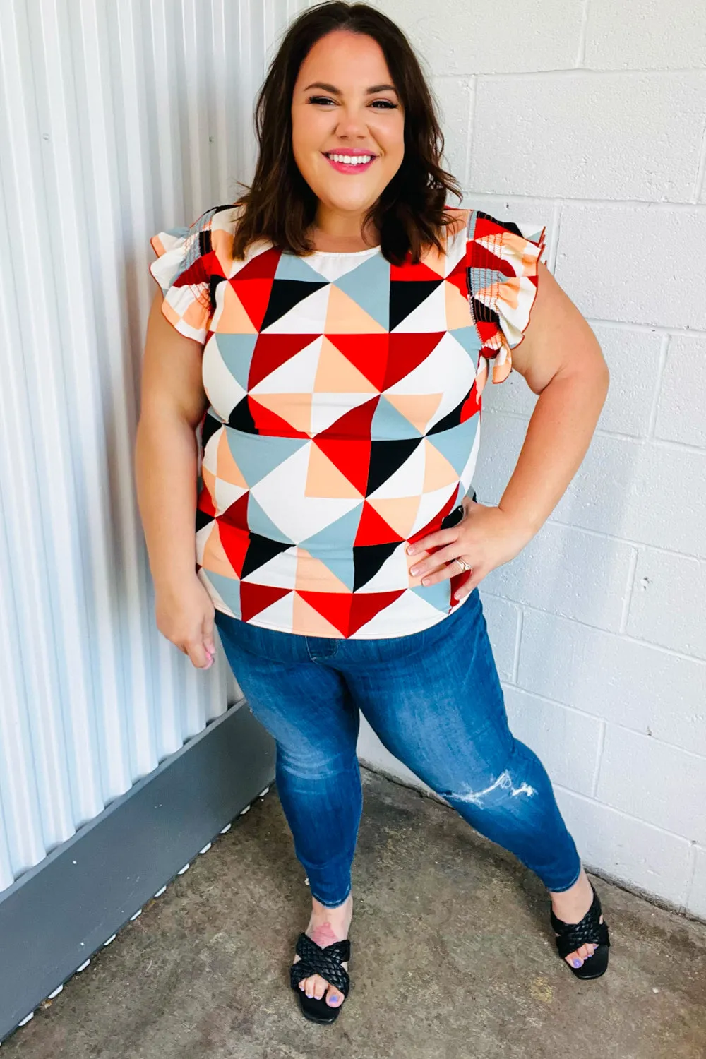 Burnt Orange Geo Print Smocked Ruffle Frill Sleeve Top (Open Pack)