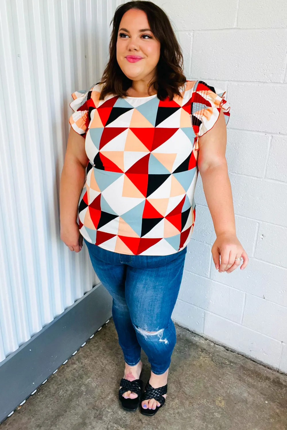 Burnt Orange Geo Print Smocked Ruffle Frill Sleeve Top (Open Pack)