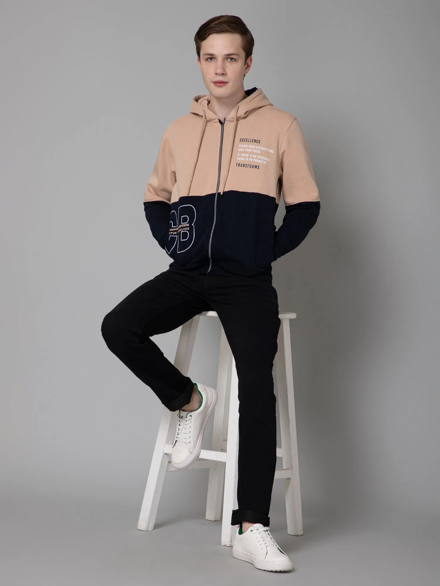 Cantabil Color Block  Navy Blue Full Sleeves Hooded Neck Regular Fit Casual Sweatshirt for Men