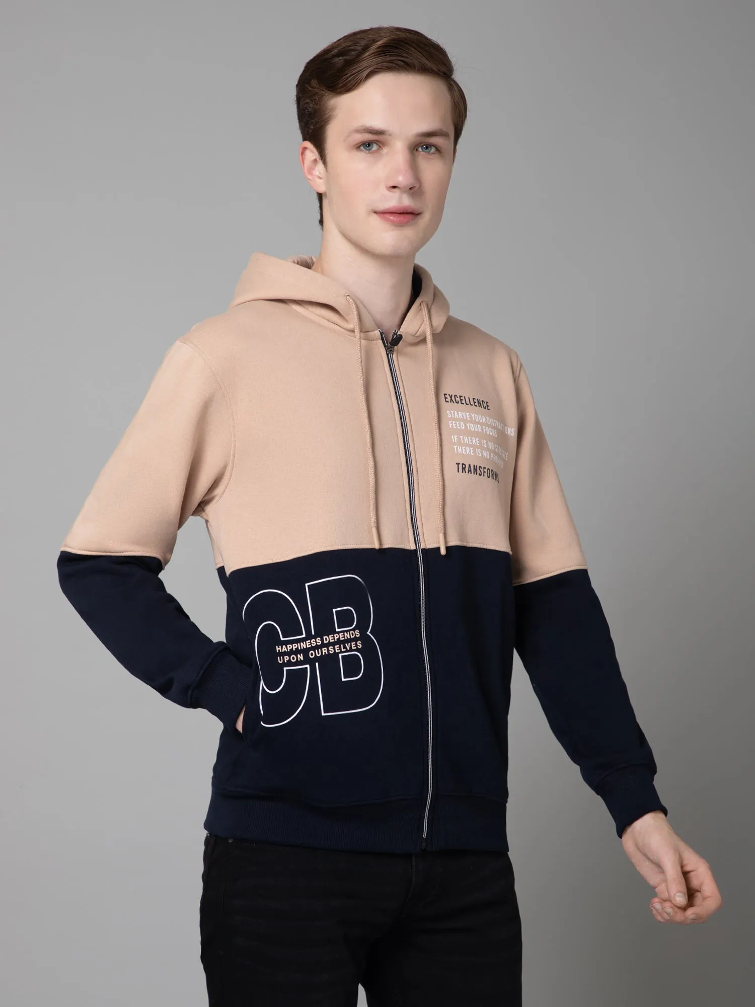 Cantabil Color Block  Navy Blue Full Sleeves Hooded Neck Regular Fit Casual Sweatshirt for Men