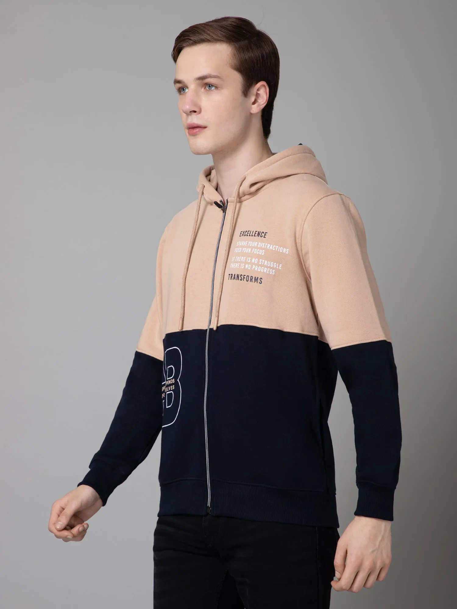 Cantabil Color Block  Navy Blue Full Sleeves Hooded Neck Regular Fit Casual Sweatshirt for Men