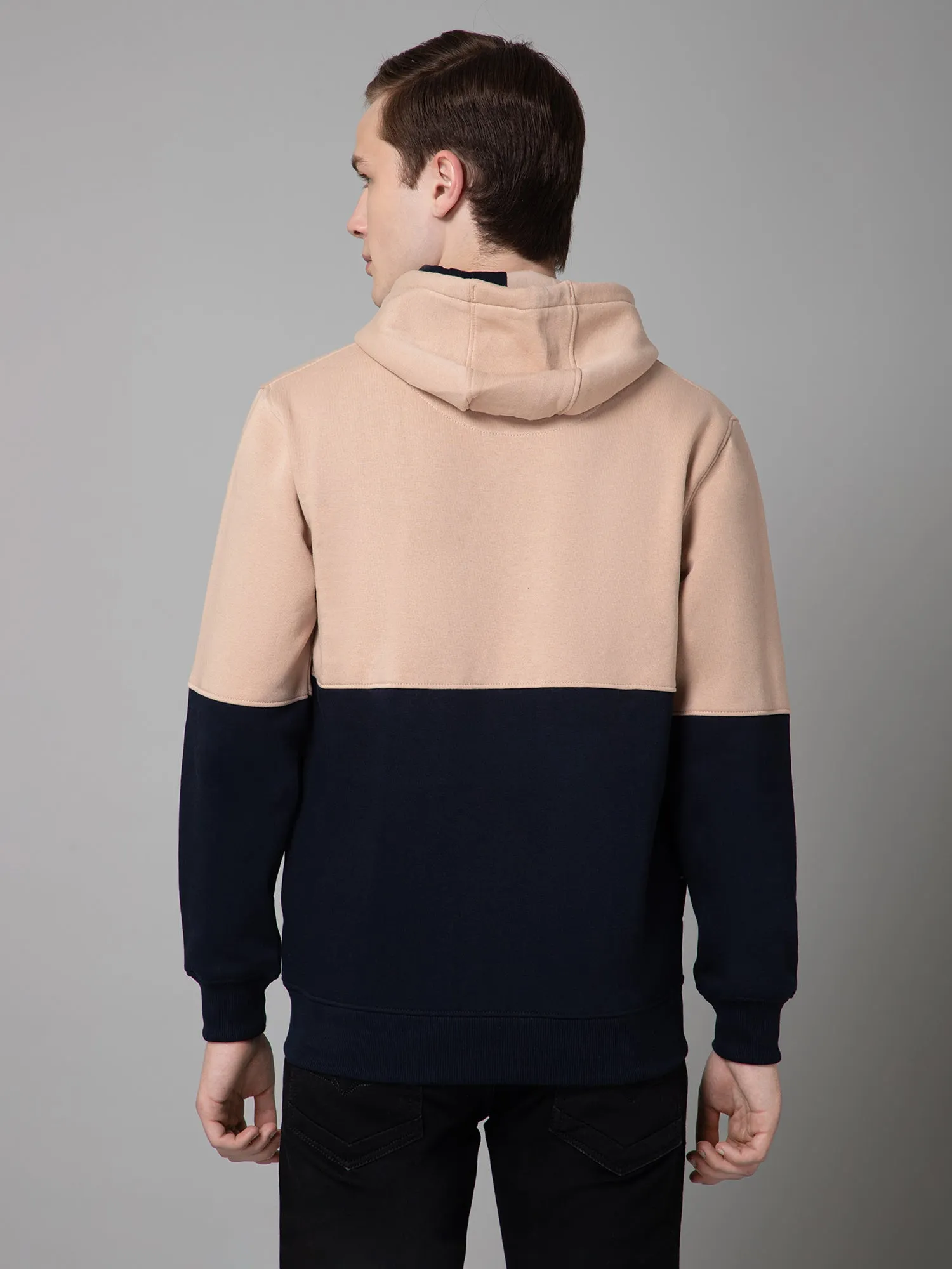 Cantabil Color Block  Navy Blue Full Sleeves Hooded Neck Regular Fit Casual Sweatshirt for Men