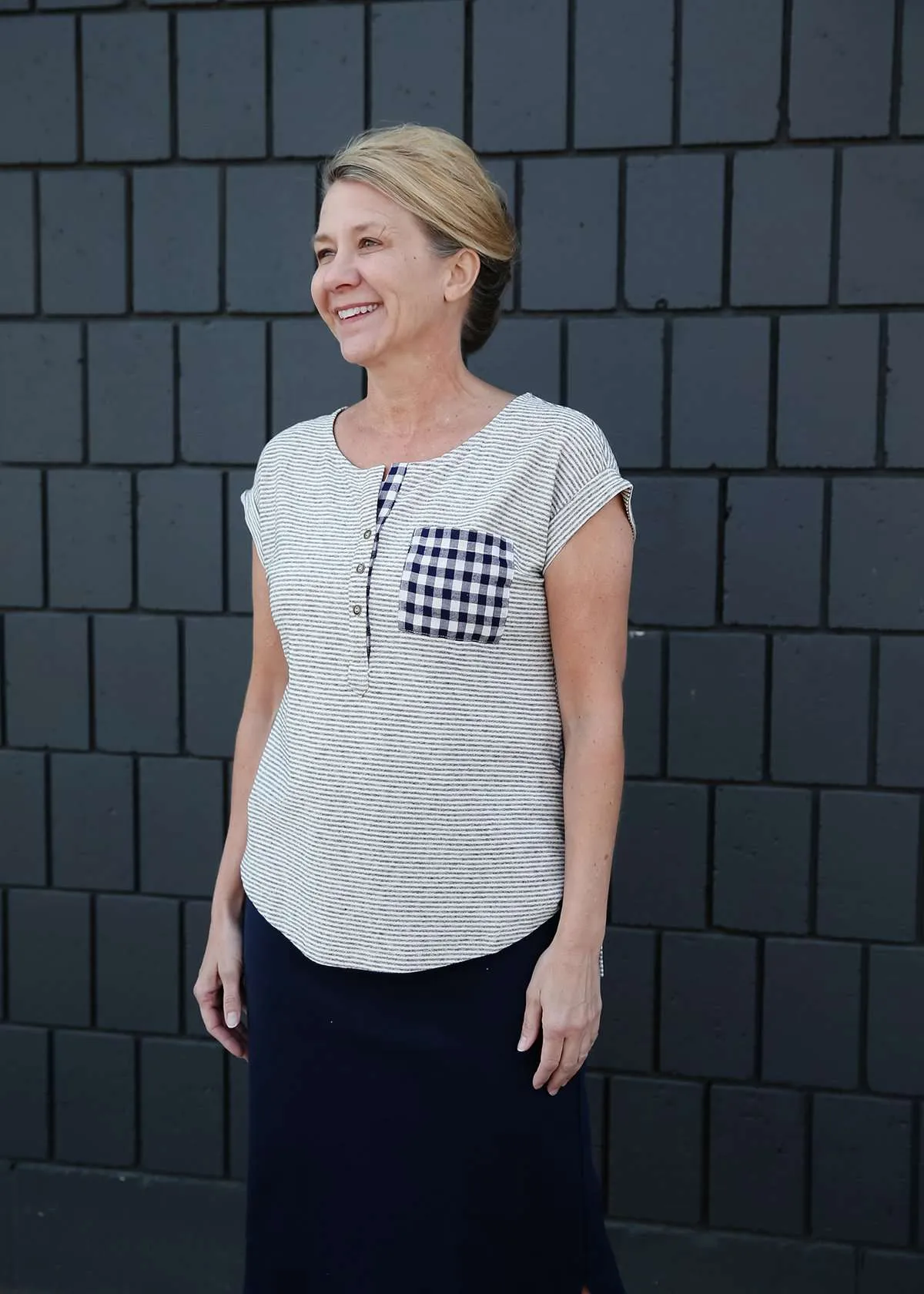 Checked Pocket Detail Stripe Top