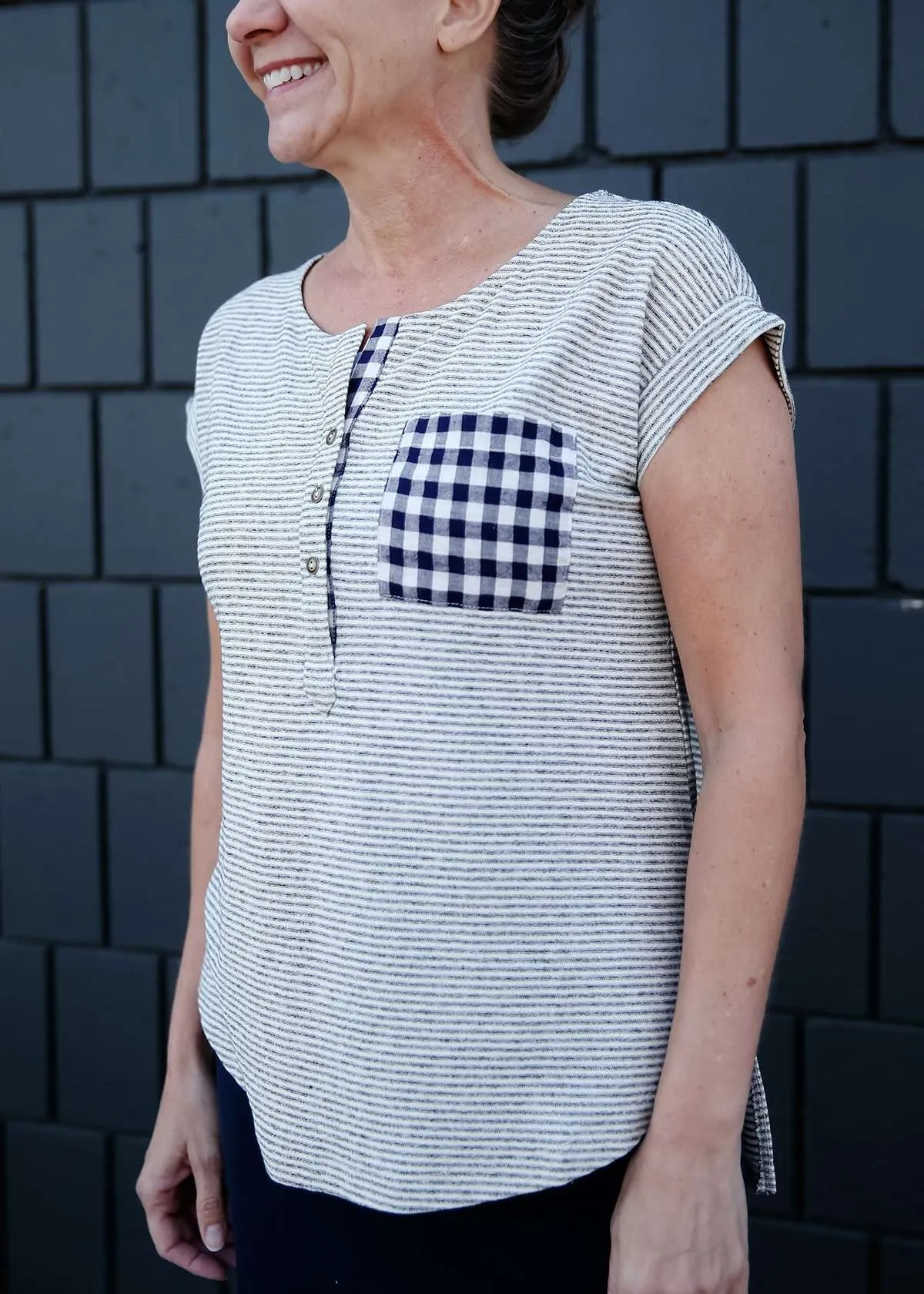 Checked Pocket Detail Stripe Top