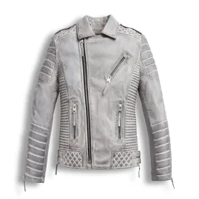 Chrome White Waxed Biker Leather Motorcycle Jacket