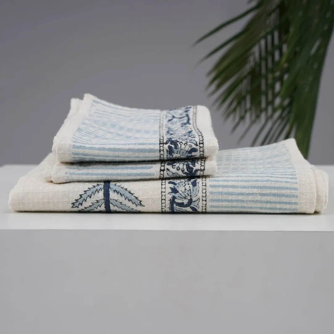 Cotton Hand And Bath Towel Set | Block Printed In White & Blue Pattern | Super Absorbent, Soft & Faster Drying | 300 GSM | Handmade In India