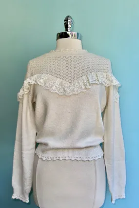 Cream Ruffled Pointelle Sweater by Molly Bracken