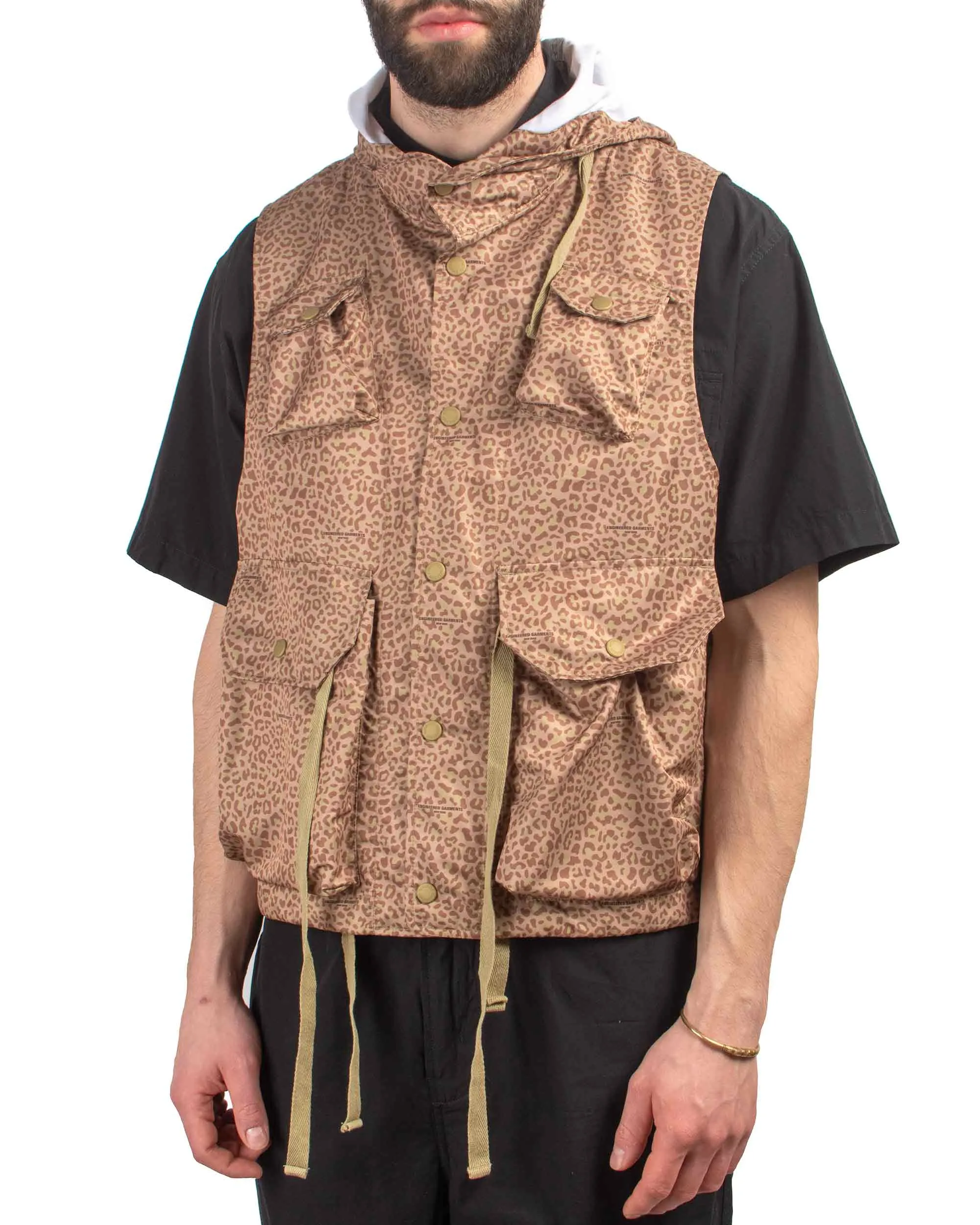 Engineered Garments Field Vest Brown Poly Fibre Leopard Print