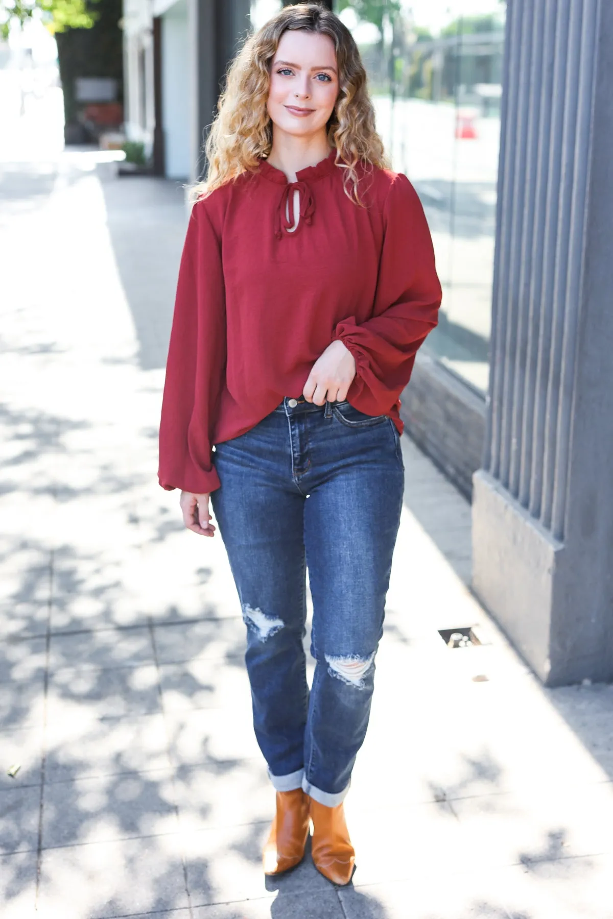 Feeling Femme Off Burgundy Frilled Edge V Neck Tie Top (Open Pack)