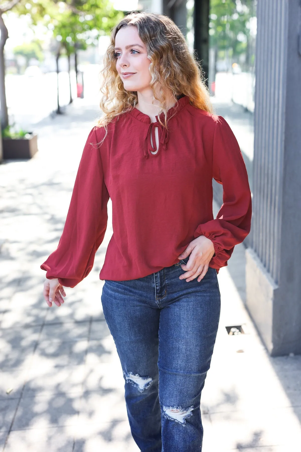 Feeling Femme Off Burgundy Frilled Edge V Neck Tie Top (Open Pack)