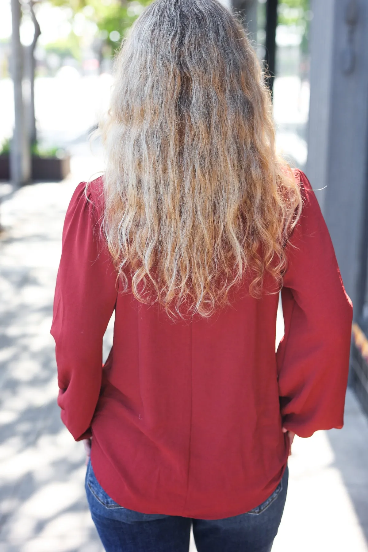 Feeling Femme Off Burgundy Frilled Edge V Neck Tie Top (Open Pack)