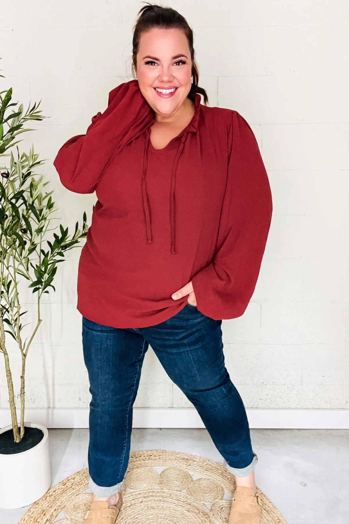 Feeling Femme Off Burgundy Frilled Edge V Neck Tie Top (Open Pack)