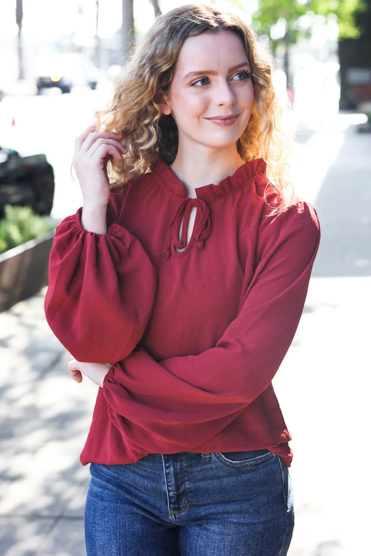 Feeling Femme Off Burgundy Frilled Edge V Neck Tie Top (Open Pack)