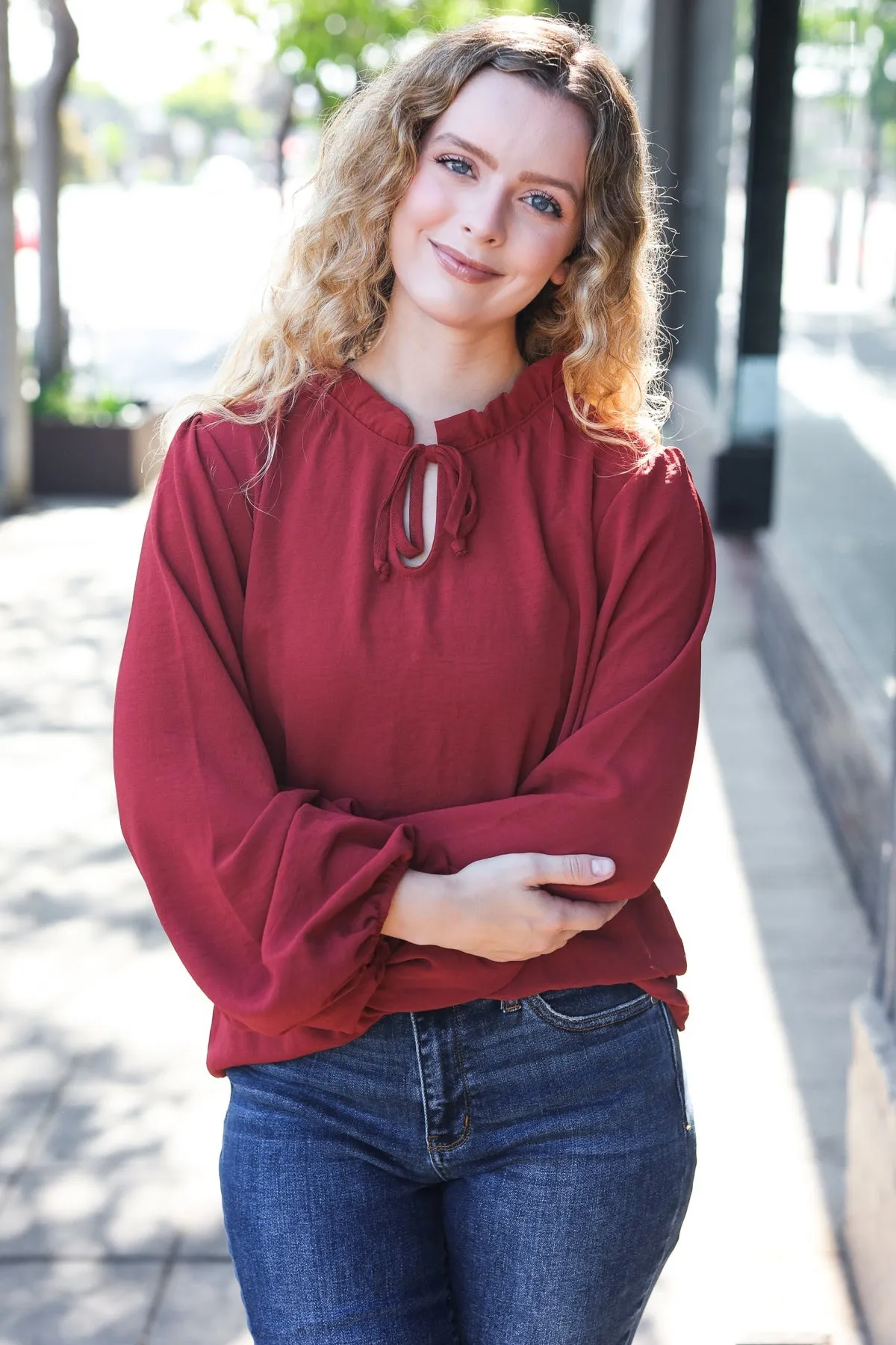 Feeling Femme Off Burgundy Frilled Edge V Neck Tie Top (Open Pack)