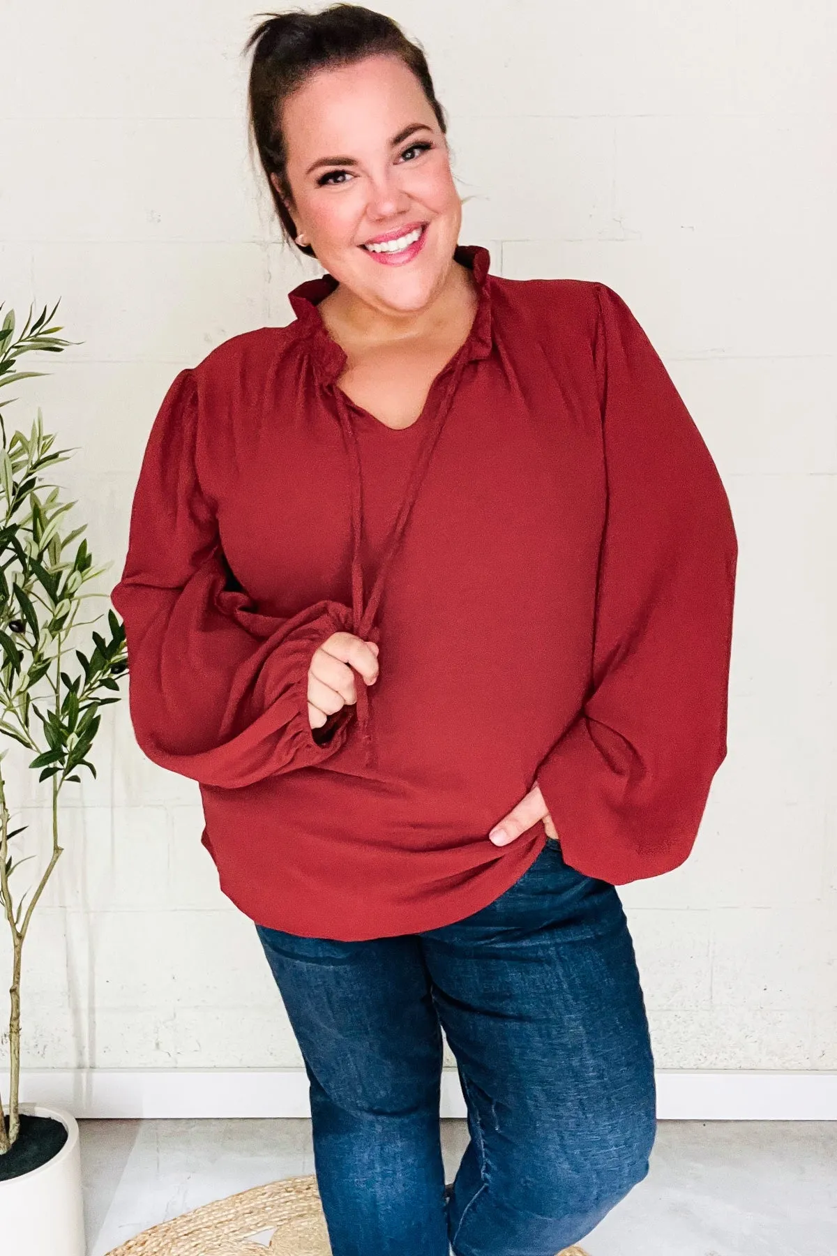 Feeling Femme Off Burgundy Frilled Edge V Neck Tie Top (Open Pack)