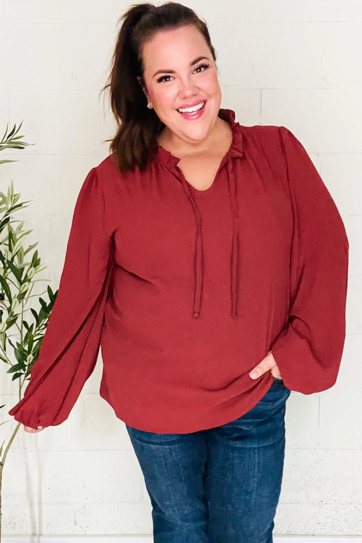 Feeling Femme Off Burgundy Frilled Edge V Neck Tie Top (Open Pack)
