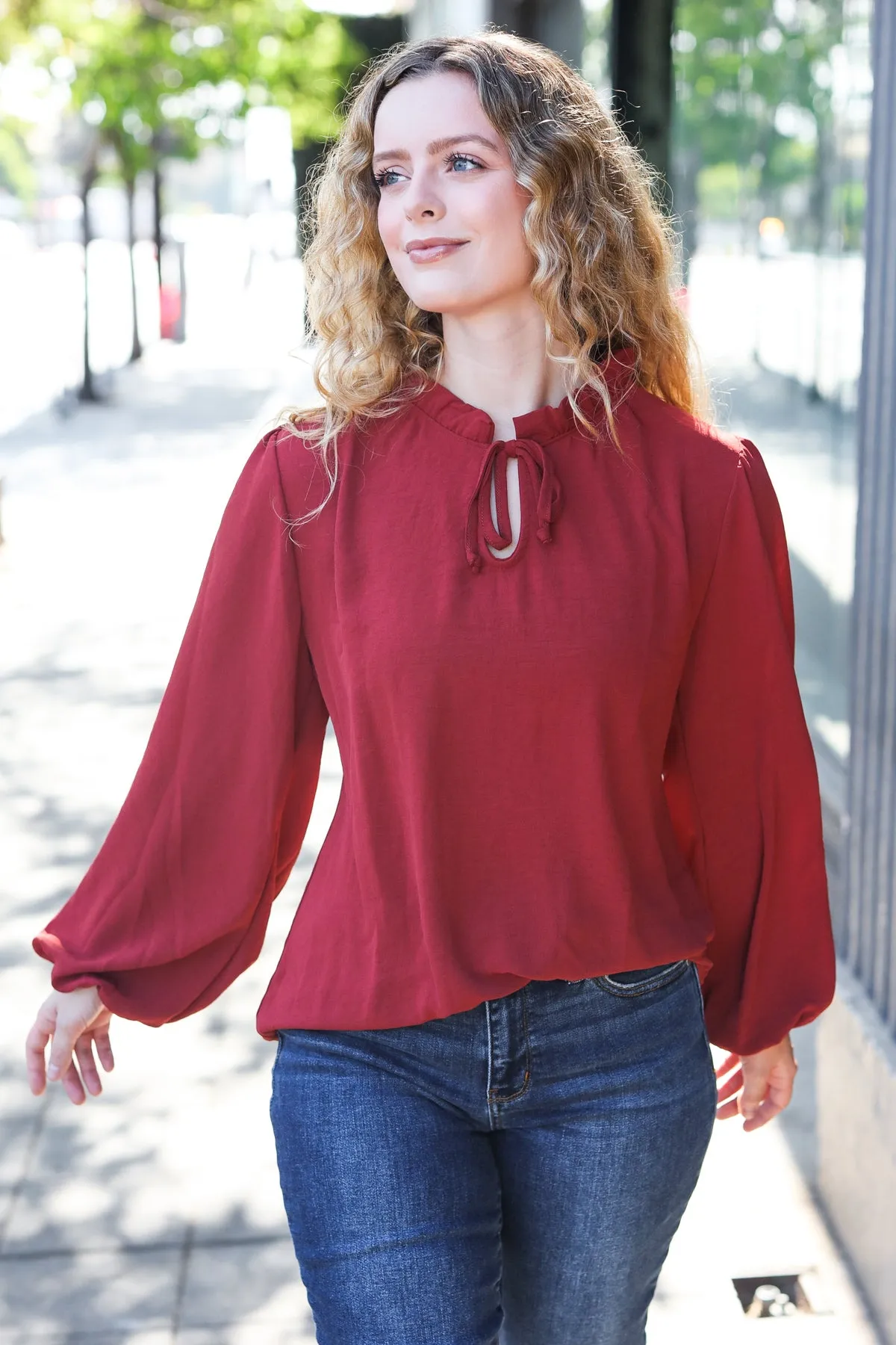 Feeling Femme Off Burgundy Frilled Edge V Neck Tie Top (Open Pack)