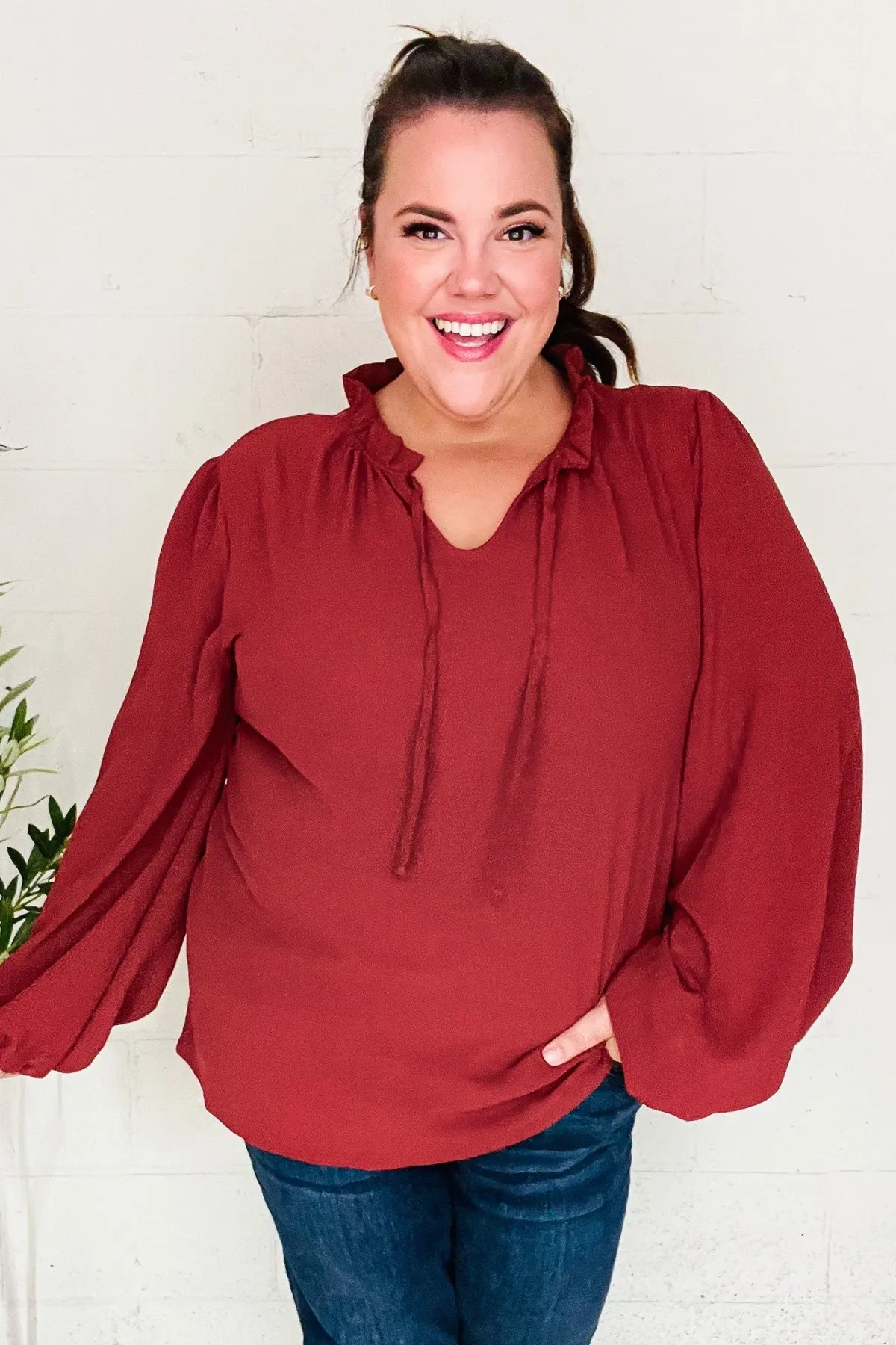 Feeling Femme Off Burgundy Frilled Edge V Neck Tie Top (Open Pack)