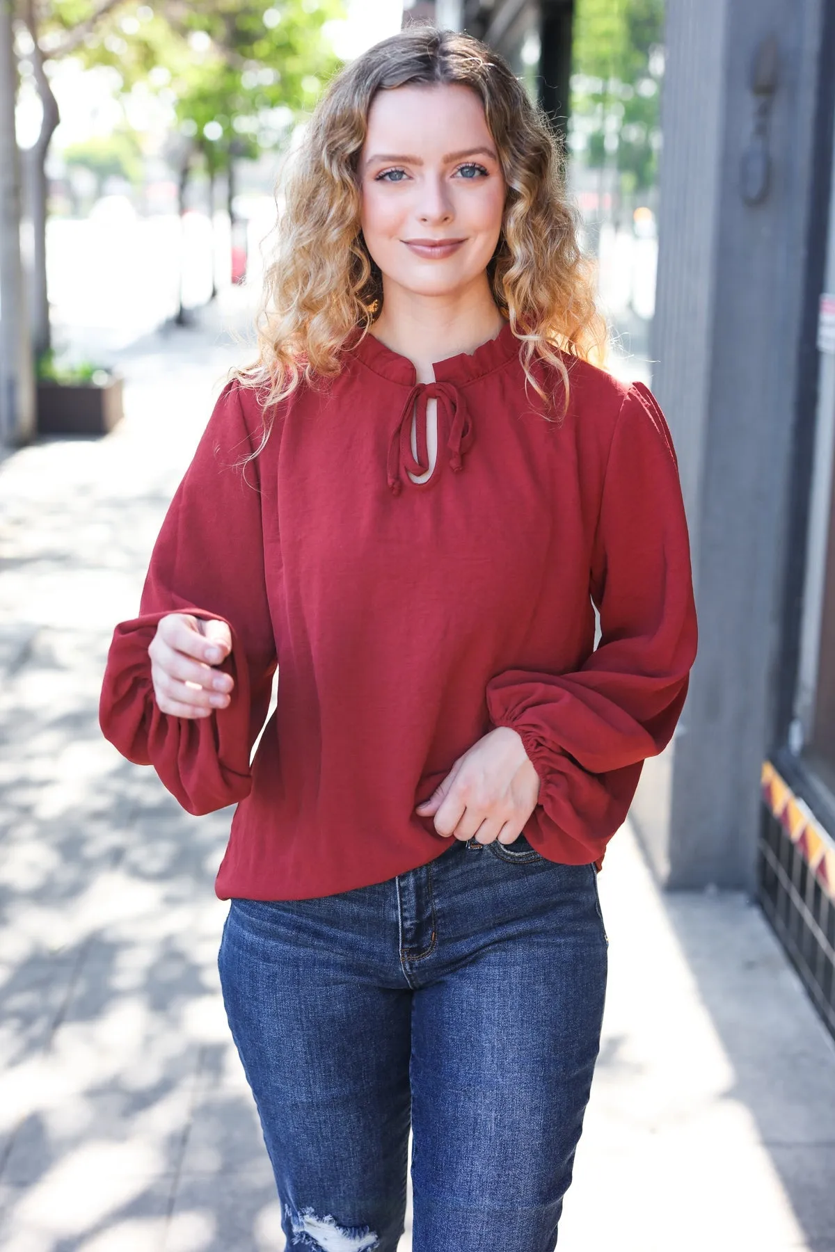 Feeling Femme Off Burgundy Frilled Edge V Neck Tie Top (Open Pack)